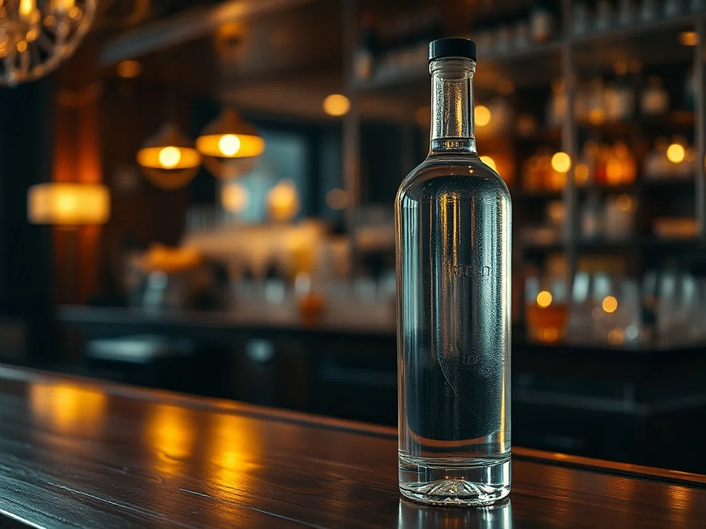 Elegancka butelka wódki na barze w nastrojowym, przyciemnionym wnętrzu lokalu.