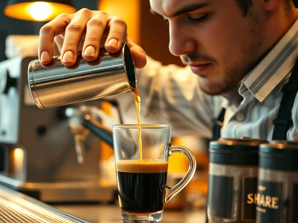 Barista wlewa gorącą wodę do filiżanki ze świeżym espresso, tworząc kawę americano. W tle widoczny ekspres i ciepłe światło.