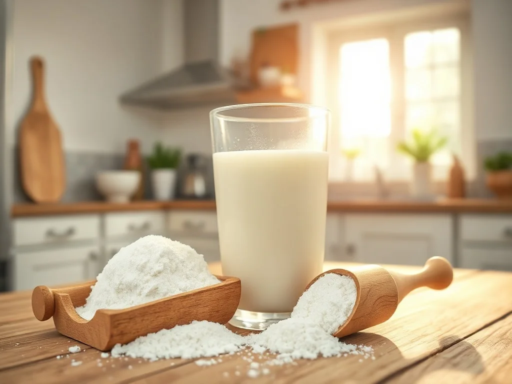 Szklanka świeżego mleka oraz drewniana miarka z mlekiem w proszku na kuchennym stole w promieniach porannego słońca.