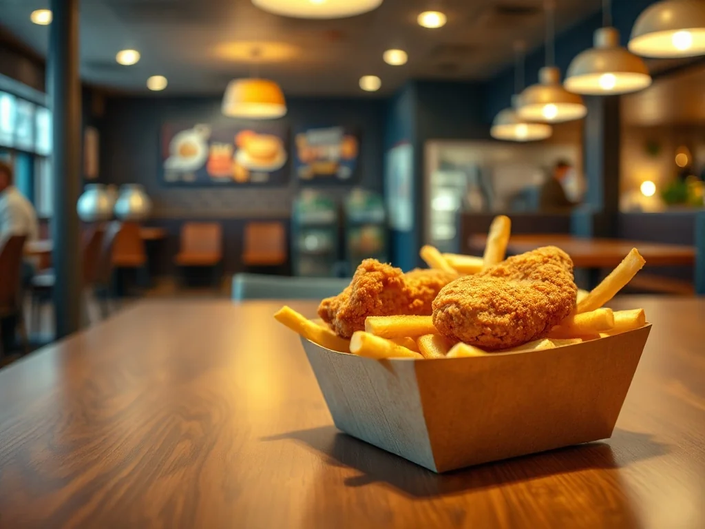 Złociste kawałki kurczaka i frytki w kartonowym pudełku na drewnianym stole w restauracji McDonald's.