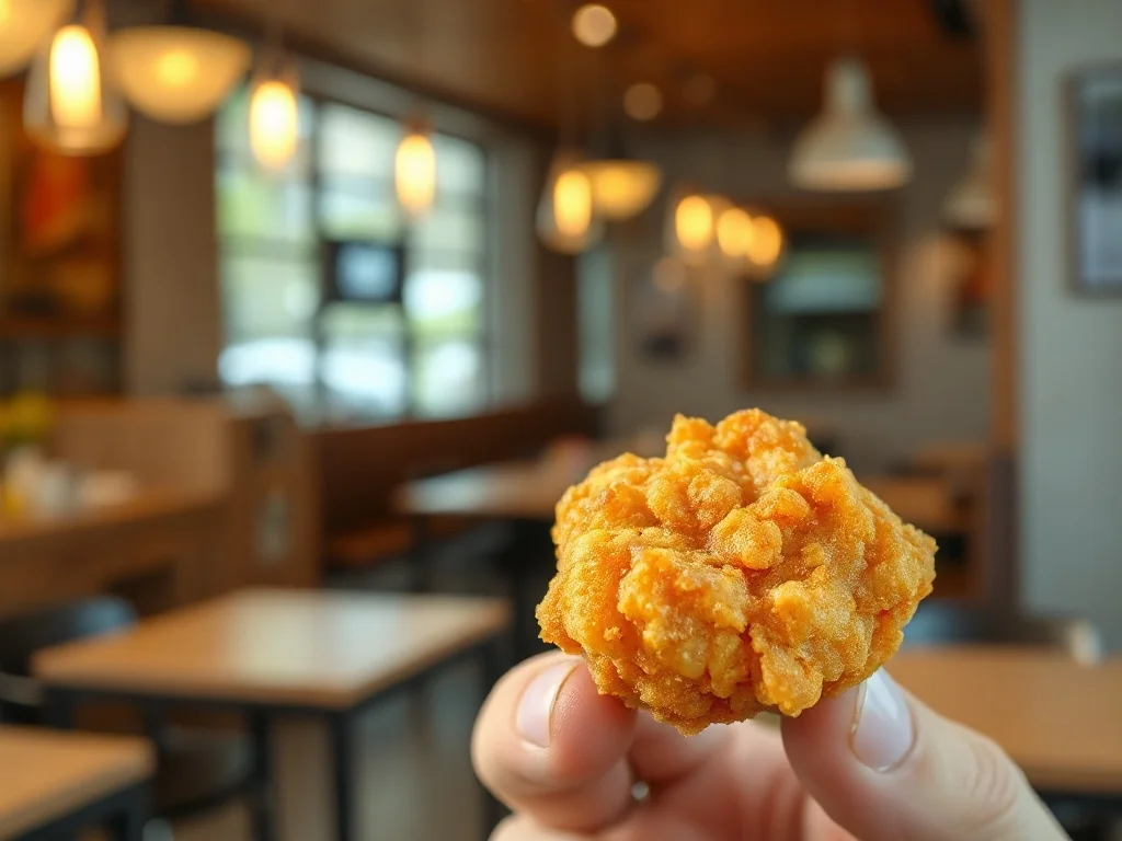 Złocisty, chrupiący nugget z kurczaka trzymany w dłoni na tle nowoczesnego wnętrza restauracji McDonald's.