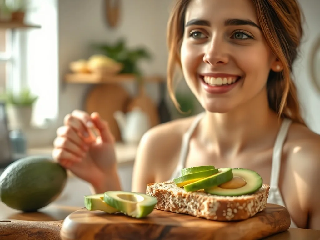 Kobieta przygotowuje szybki tost z awokado w jasnej, nowoczesnej kuchni. Na pierwszym planie pokrojone awokado i pieczywo.