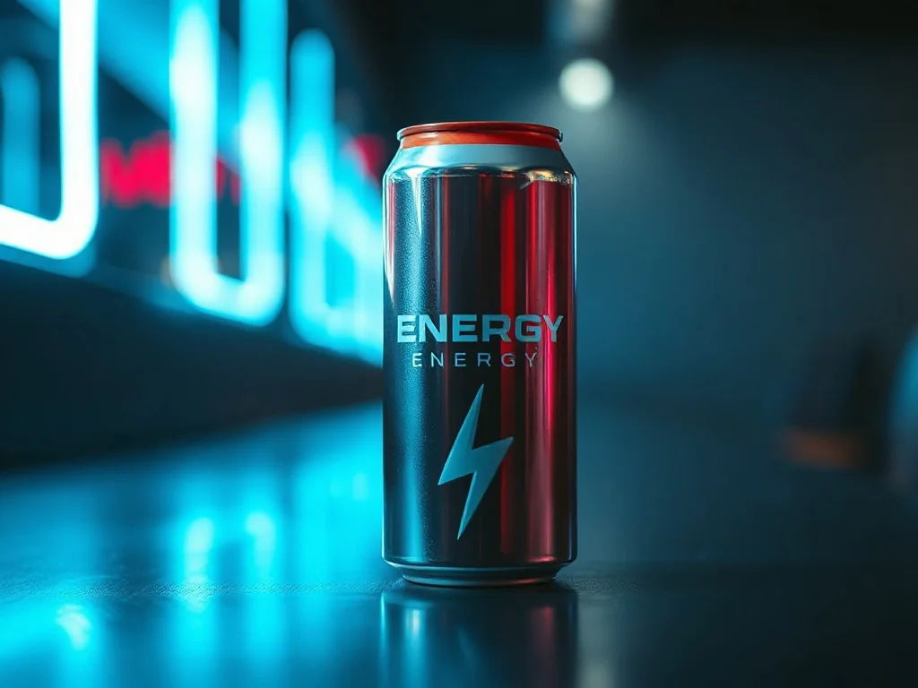 Nowoczesna puszka napoju energetycznego na ciemnym, odblaskowym tle z dynamicznymi, niebieskimi smugami światła.